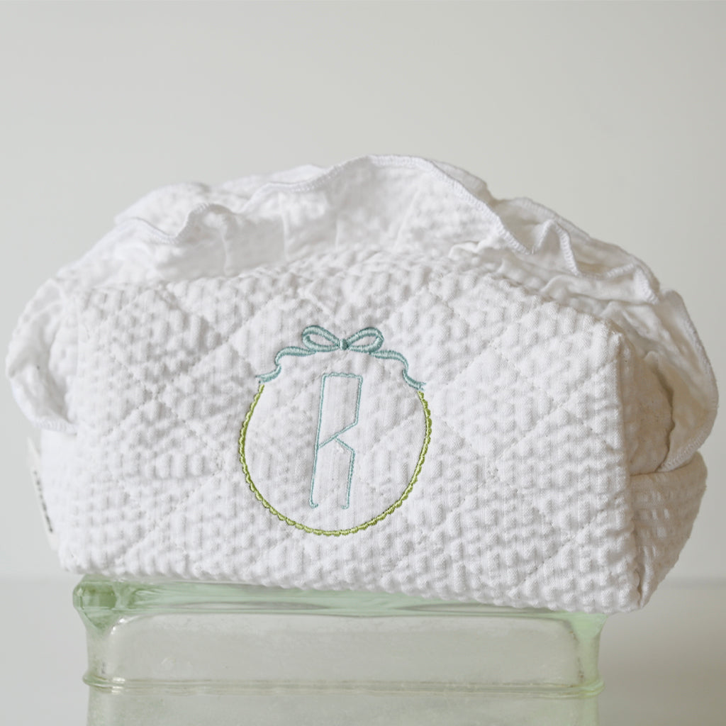ruffled initial cosmetic bag