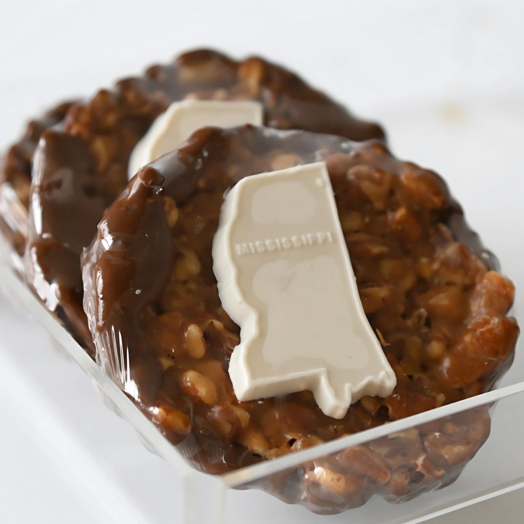 mississippi shaped chocolate pecan turtle