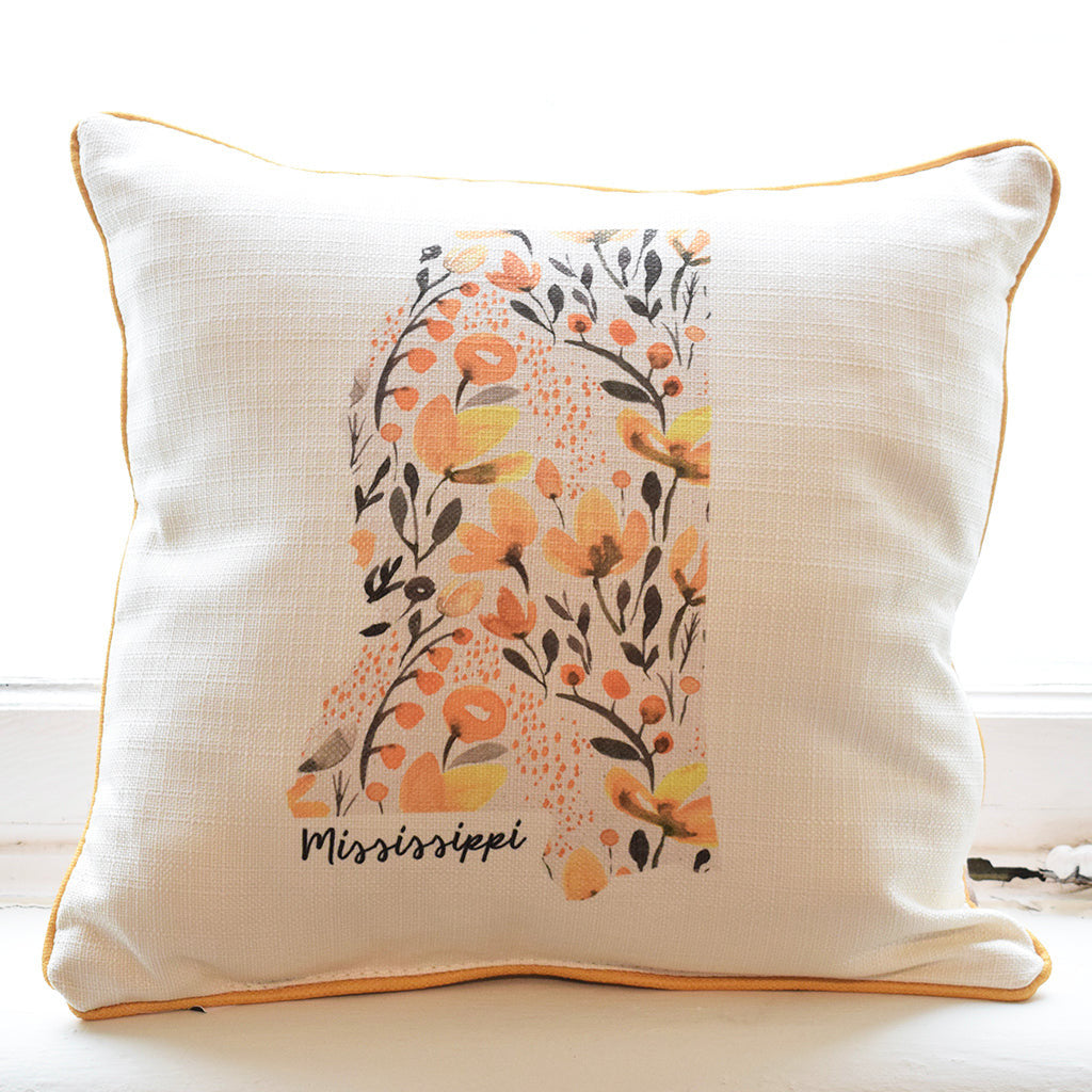 Mustard Floral State Pattern Square Pillow with Backing - TheMississippiGiftCompany.com